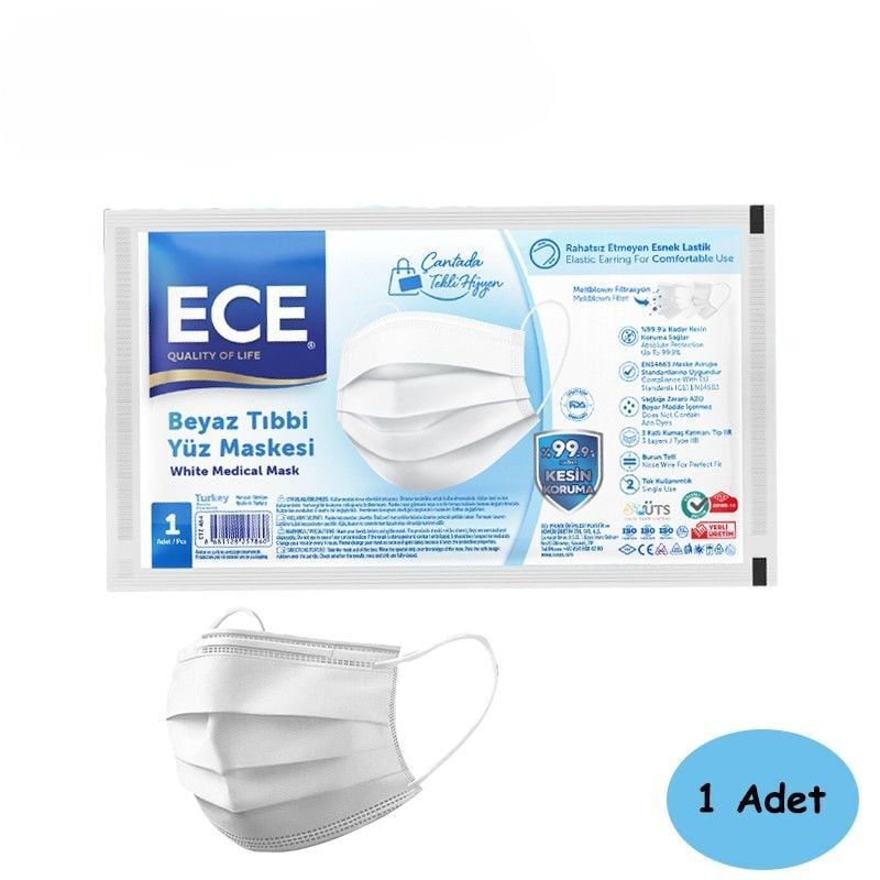 Tek Tek Paketli Beyaz Cerrahi Maske Meltblown Kumaş 1 Adet