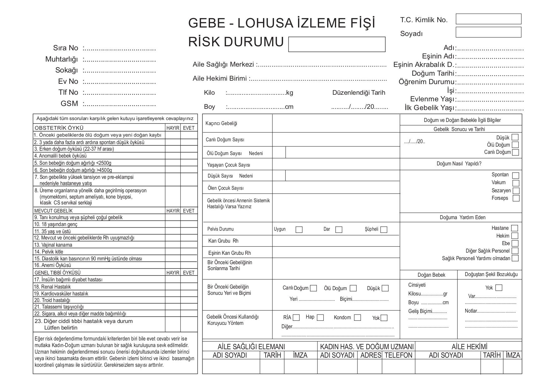 Gebe Lohusa İzleme Fişi 50 Adet